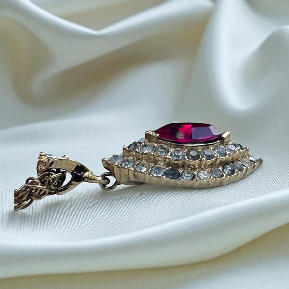 Vintage Attwood & Sawyer Ruby and White Rhinestones Gold Tone Pendant Necklace - Picture 13 of 16